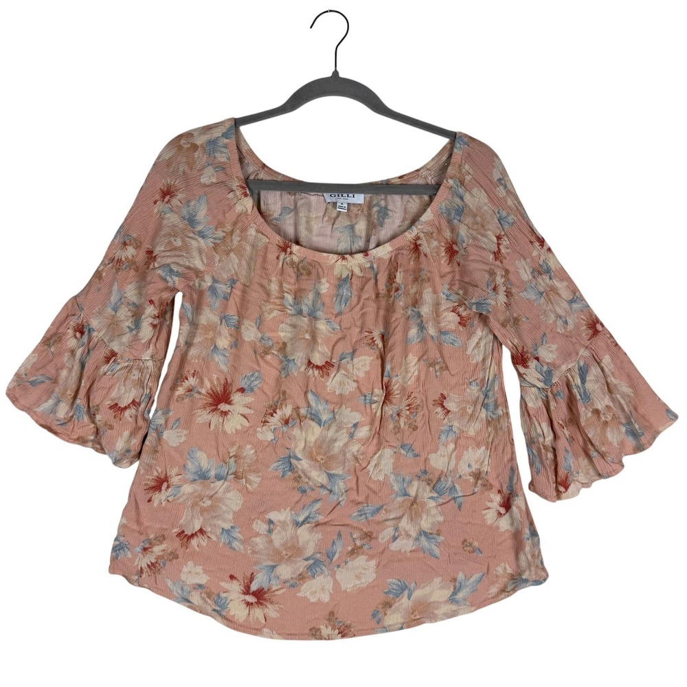 Gilli Blouse Womens Medium‎ Pink Floral Scoop Neck 3/4 Bell Sleeve Top Boho
